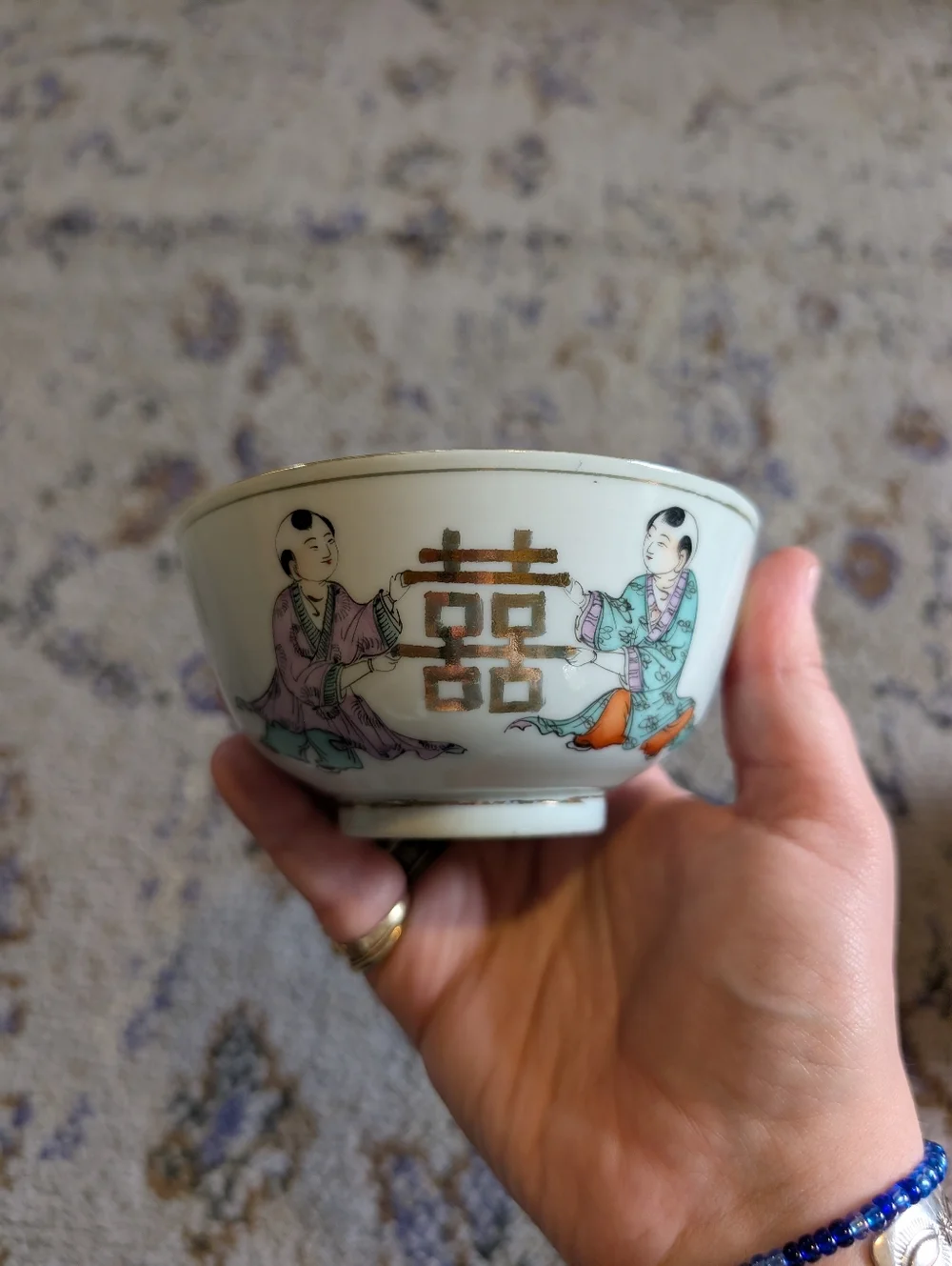 Vintage Double Happy Fine China Rice Bowls Set Of 3 Chinese Figures Gold Accents